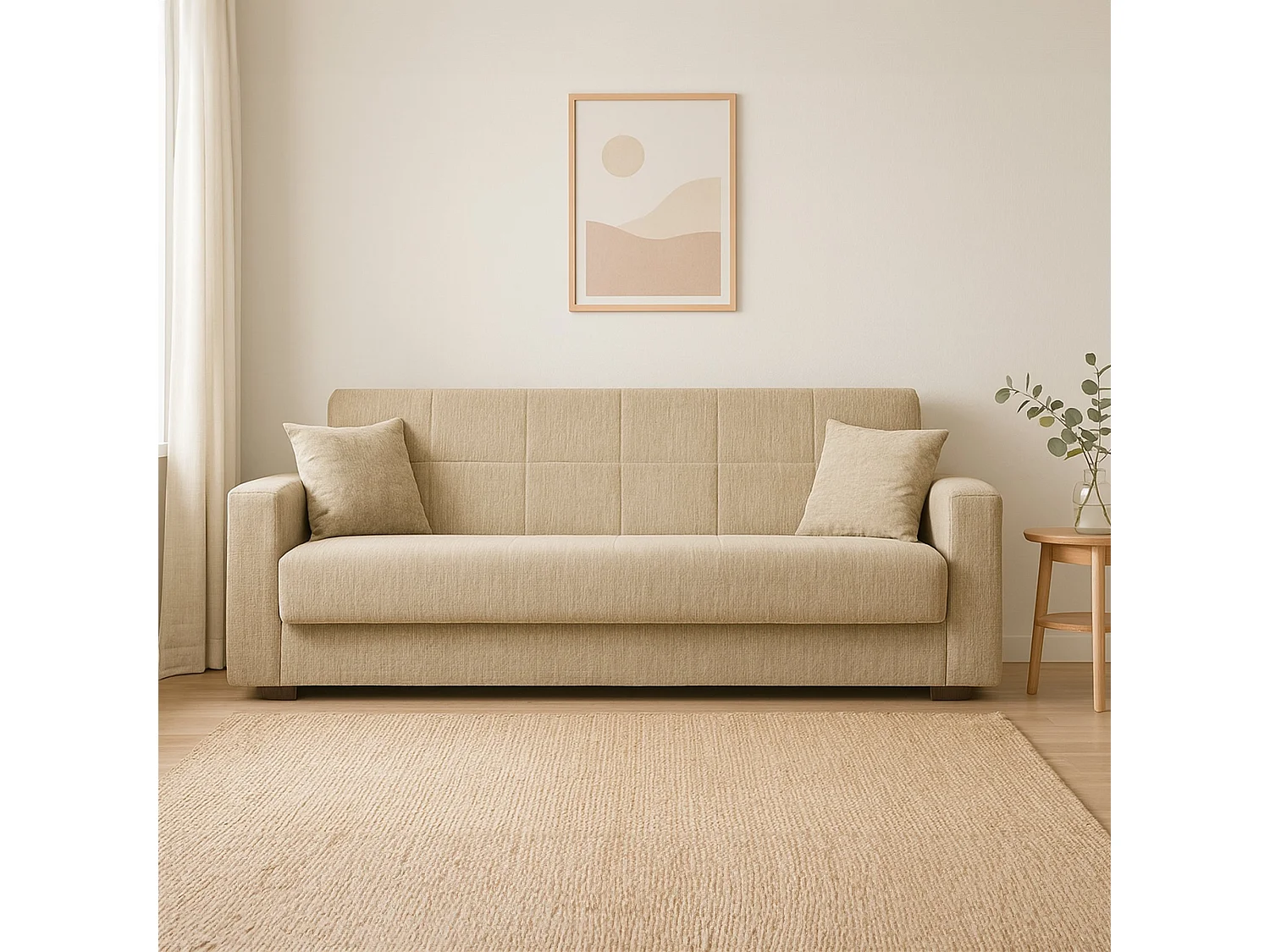 Canapé Dlinette, Canapé conteneur 3 places linéaire, Canapé de salon en tissu rembourré avec ouverture clic-clac, 212x80h87 cm, Bleu