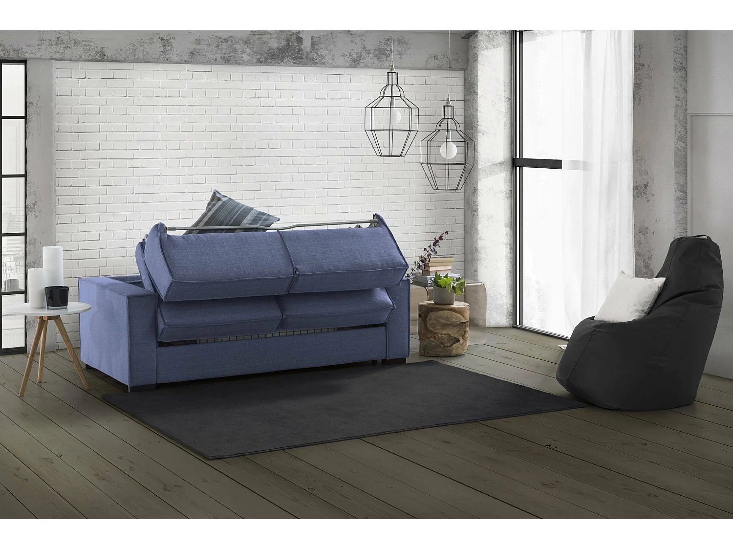 Daabi slaapbank, grote 2-zitsbank, 100% Made in Italy, woonkamerbank met draaibare opening, in gewatteerde stof, met slanke armleuningen, 180x95h90 cm, Blauw