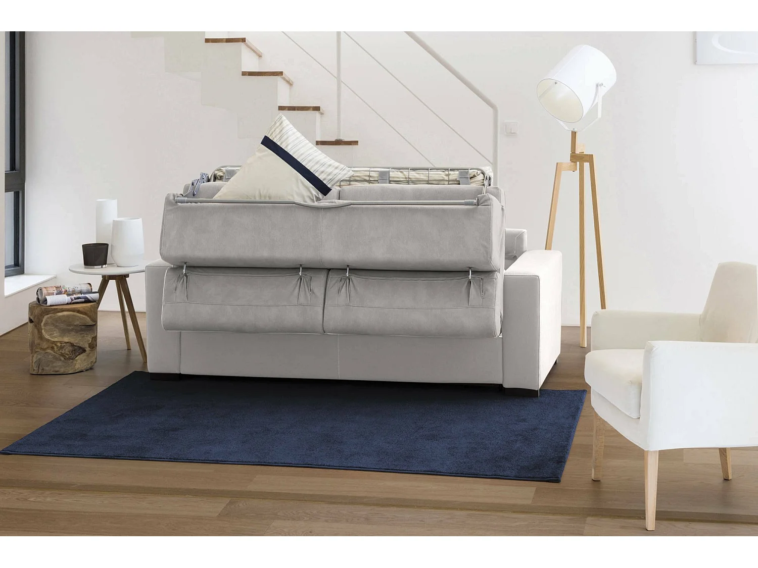 Schlafsofa Daatou, Ecksofa, 100% Made in Italy, Sofa mit Drehöffnung, mit linker Behälterhalbinsel, mit schmalen Armlehnen, Cm 260x95h85, Grau