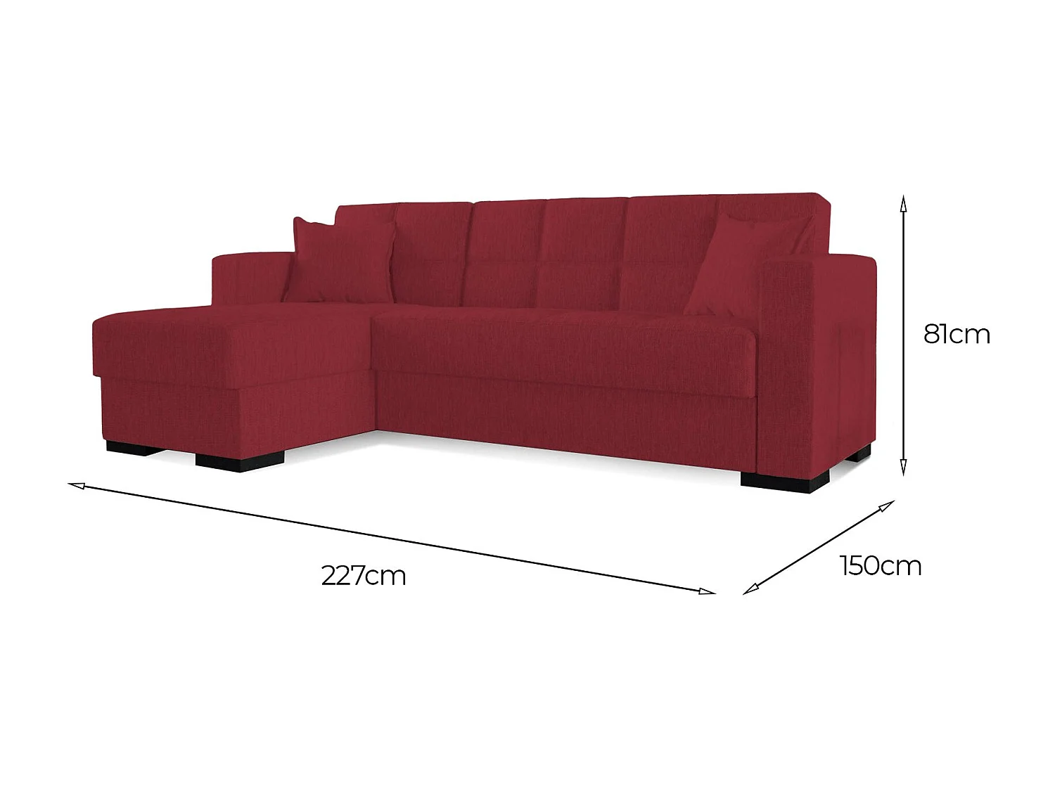 Canapé Ddajca, Canapé d'angle avec péninsule réversible, Canapé de rangement pour le salon avec chaiselongue et 2 coussins, 230x150h81 cm, Rouge