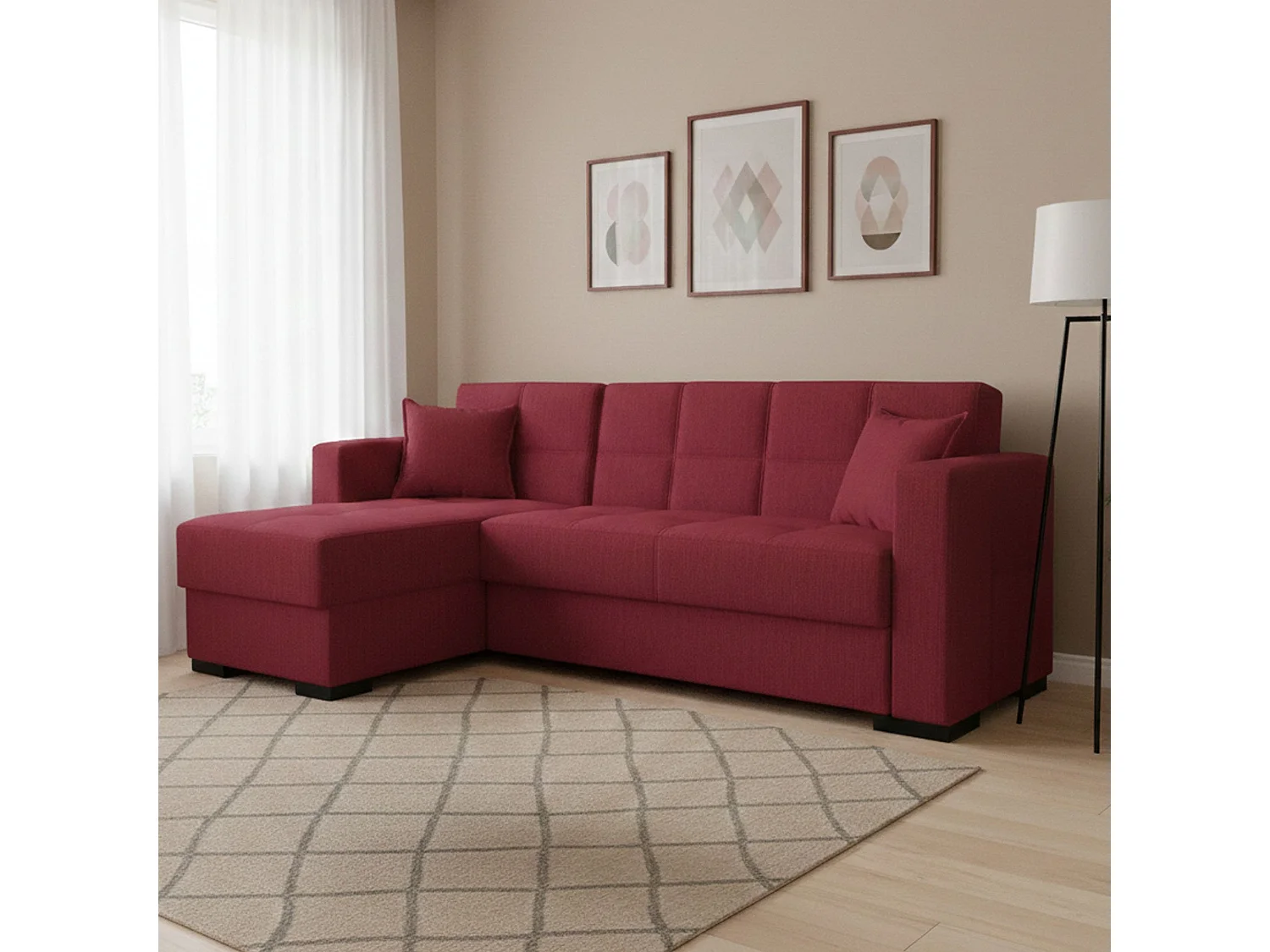 Canapé Ddajca, Canapé d'angle avec péninsule réversible, Canapé de rangement pour le salon avec chaiselongue et 2 coussins, 230x150h81 cm, Rouge