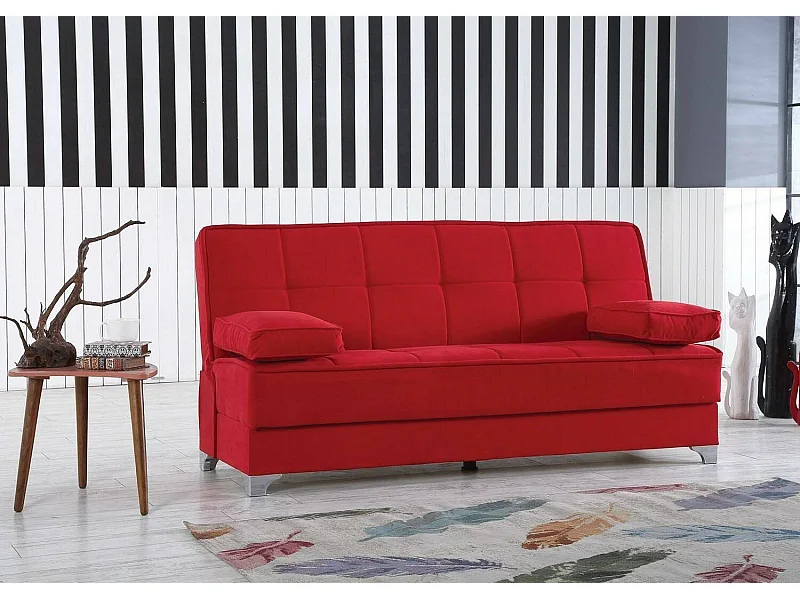 Sofá-cama Dasson, Sofá-cama container linear com 2 almofadas incluídas, Sofá da sala em tecido acolchoado com abertura click-clack, 190x87xh91 cm, Vermelho