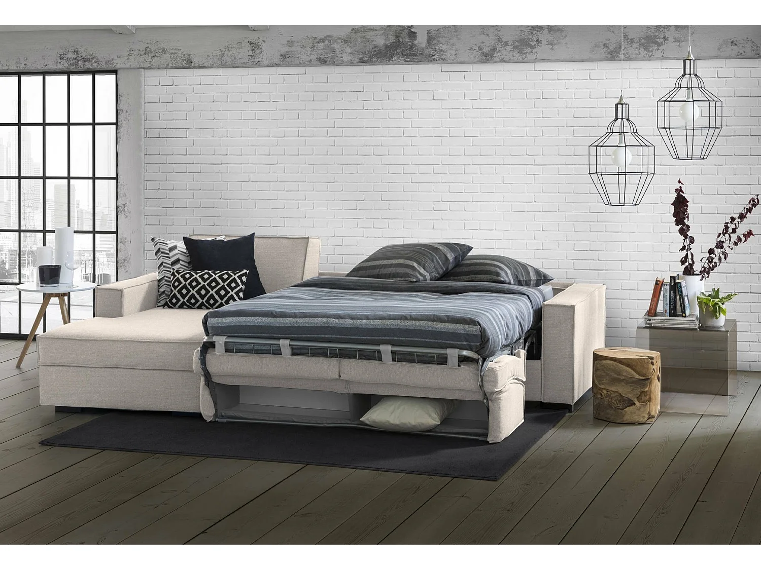 Sofá-cama Daalber, Sofá de canto, 100% Fabricado na Itália, Sofá com abertura giratória, Península de armazenamento esquerda, com braços padrão, Cm 280x95h90, Taupe