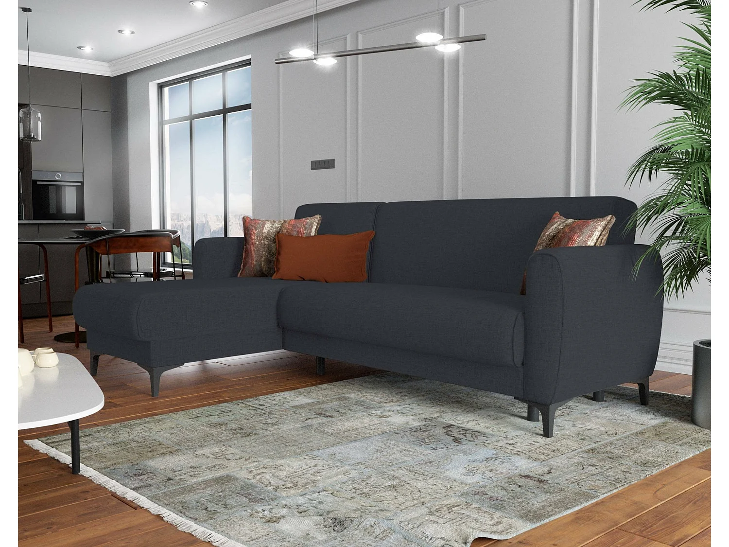 Canapé Dabazo, Canapé d'angle avec péninsule réversible, Canapé conteneur moderne avec chaise longue et 3 coussins, 230x153h85 cm, Bleu