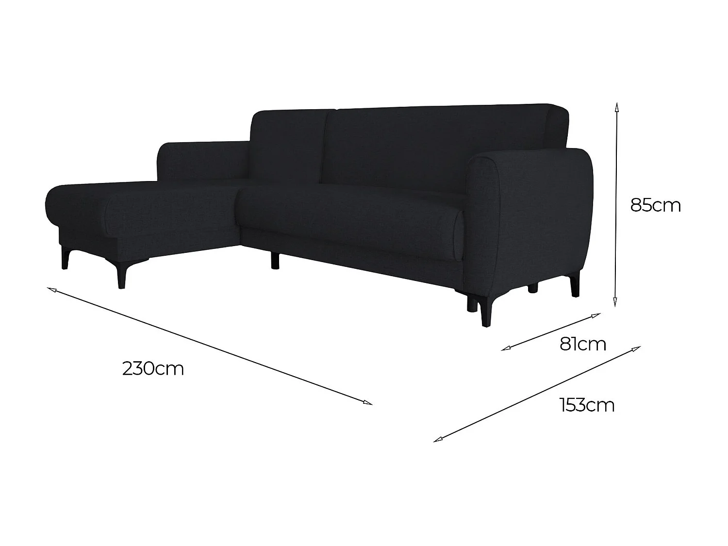 Divano Letto con Penisola Aber, Contenitore, 153x230 cm Nero