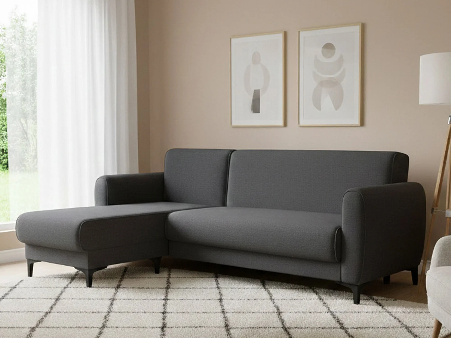 Divano Letto con Penisola Aber, Contenitore, 153x230 cm Nero