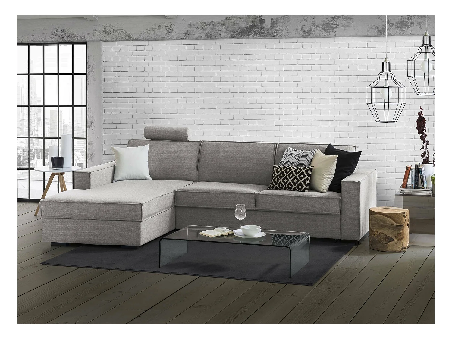 Daalb Canapé-lit, Canapé d'angle, 100% Made in Italy, Canapé avec ouverture pivotante, Péninsule de rangement gauche, avec accoudoirs fins, 260x95h90 cm, Gris