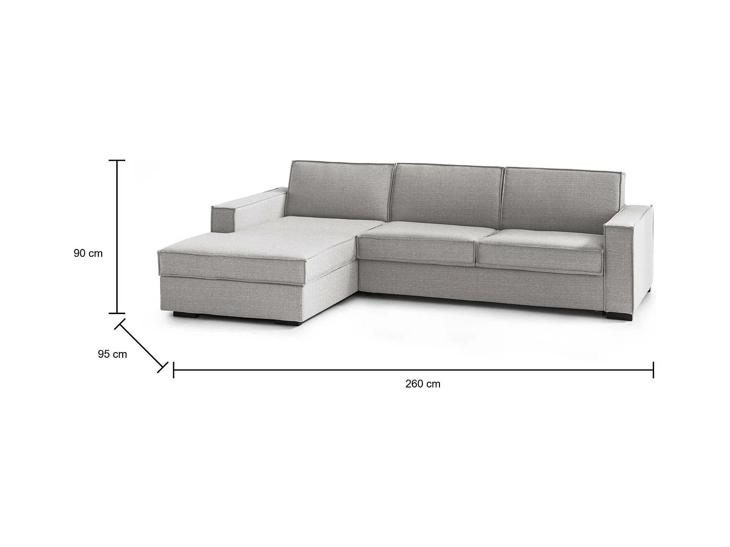 Daalb Canapé-lit, Canapé d'angle, 100% Made in Italy, Canapé avec ouverture pivotante, Péninsule de rangement gauche, avec accoudoirs fins, 260x95h90 cm, Gris
