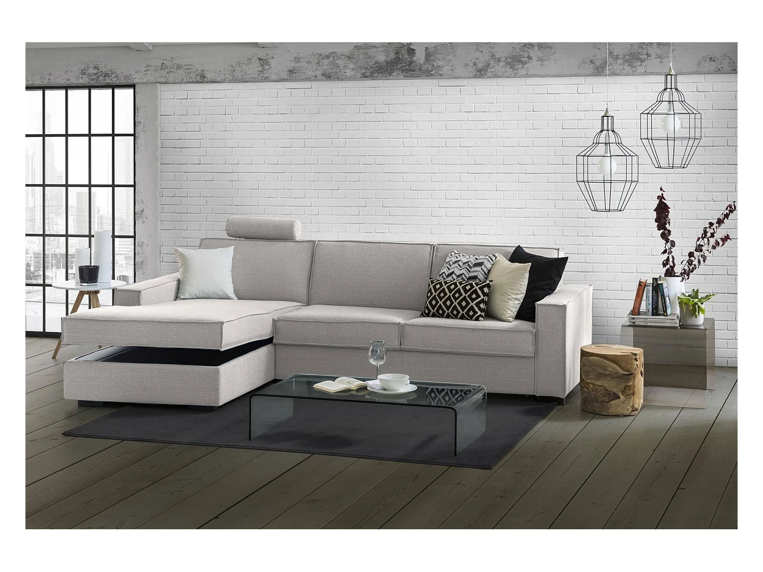 Daalb Canapé-lit, Canapé d'angle, 100% Made in Italy, Canapé avec ouverture pivotante, Péninsule de rangement gauche, avec accoudoirs fins, 260x95h90 cm, Gris