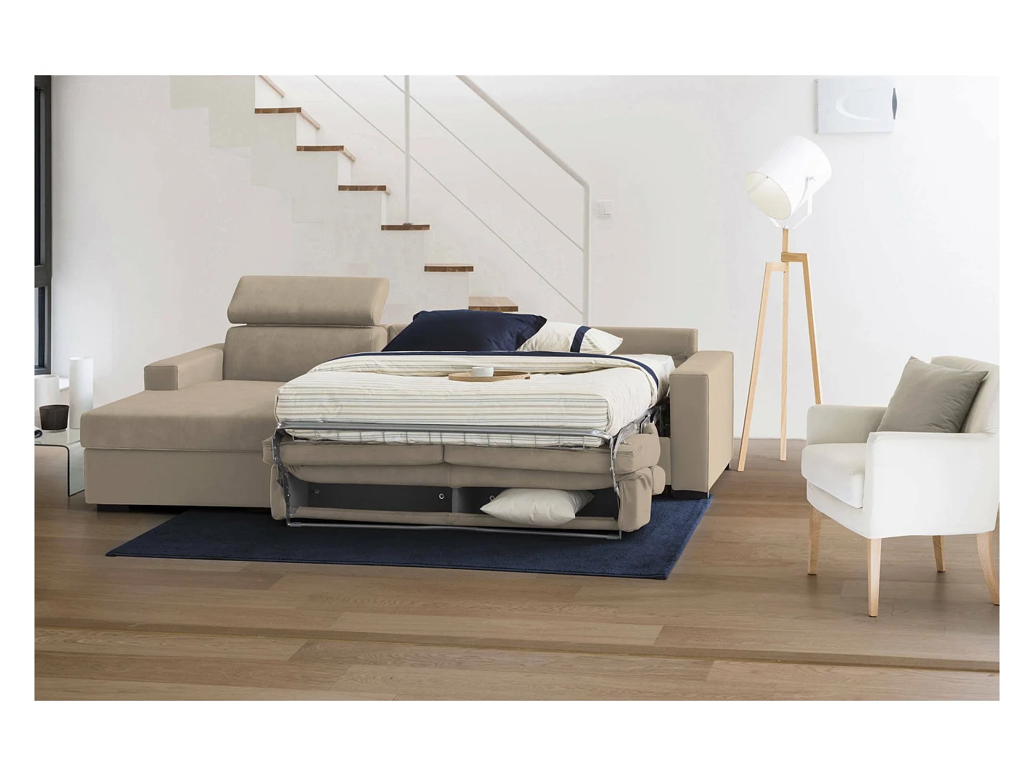 Canapé Daasho, Canapé d'angle, 100% Made in Italy, Canapé avec ouverture pivotante, avec Péninsule Conteneur Gauche, avec accoudoirs standards, Cm 280x95h85, Beige