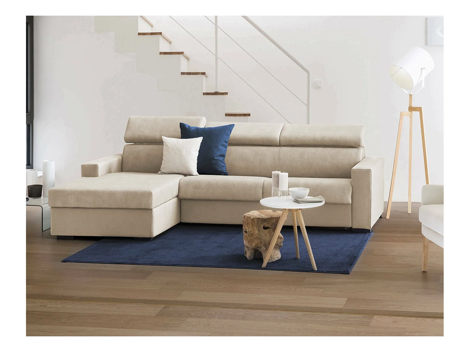 Canapé Daasho, Canapé d'angle, 100% Made in Italy, Canapé avec ouverture pivotante, avec Péninsule Conteneur Gauche, avec accoudoirs standards, Cm 280x95h85, Beige