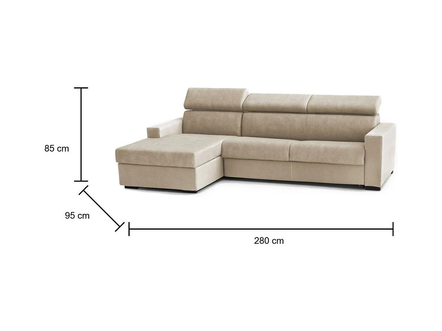 Canapé Daasho, Canapé d'angle, 100% Made in Italy, Canapé avec ouverture pivotante, avec Péninsule Conteneur Gauche, avec accoudoirs standards, Cm 280x95h85, Beige
