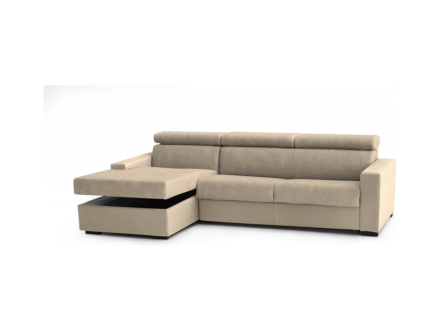 Canapé Daasho, Canapé d'angle, 100% Made in Italy, Canapé avec ouverture pivotante, avec Péninsule Conteneur Gauche, avec accoudoirs standards, Cm 280x95h85, Beige