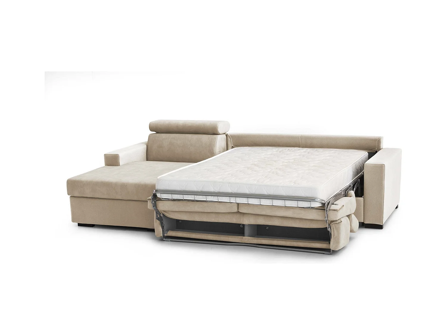 Canapé Daasho, Canapé d'angle, 100% Made in Italy, Canapé avec ouverture pivotante, avec Péninsule Conteneur Gauche, avec accoudoirs standards, Cm 280x95h85, Beige