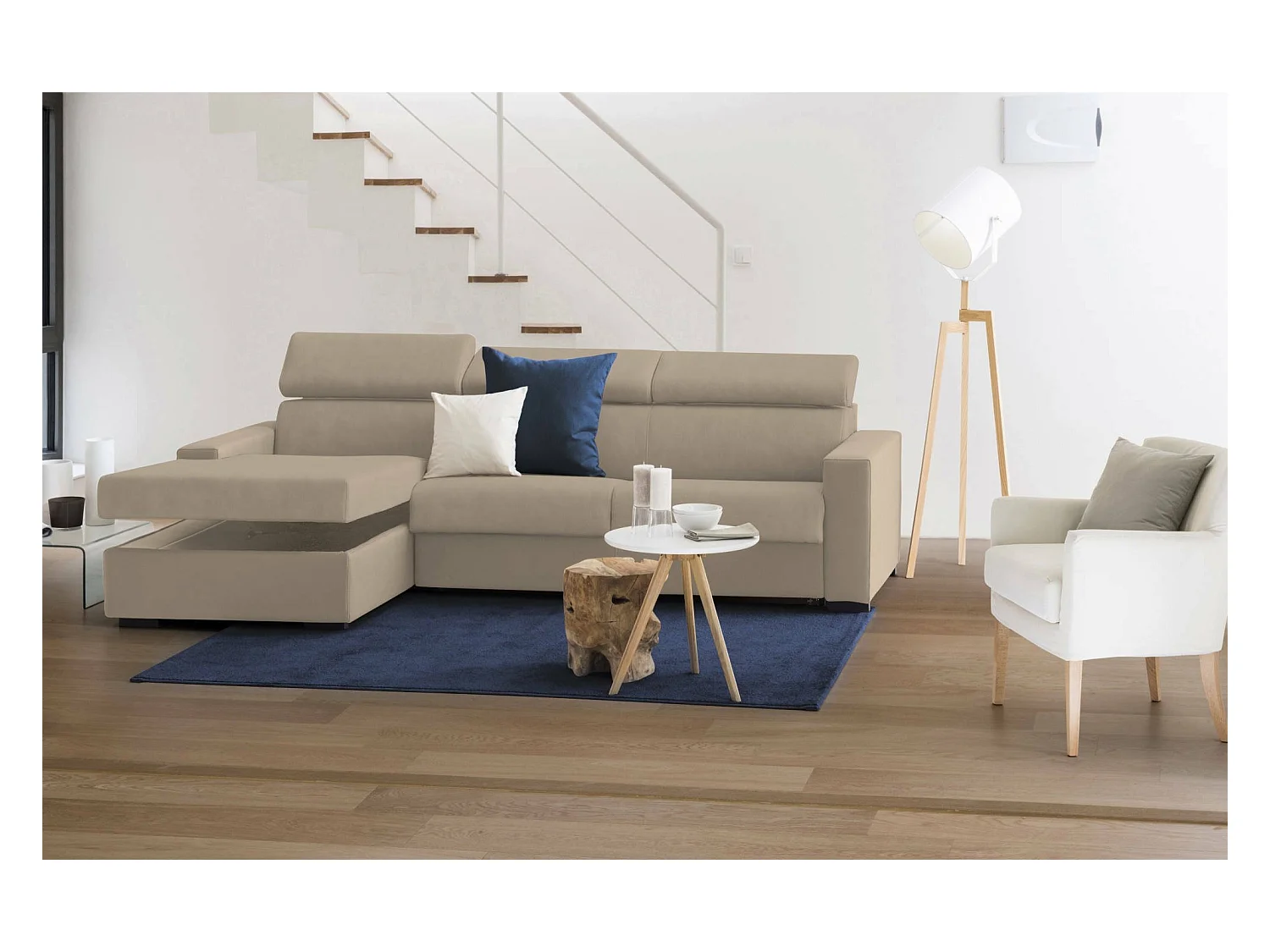 Canapé Daasho, Canapé d'angle, 100% Made in Italy, Canapé avec ouverture pivotante, avec Péninsule Conteneur Gauche, avec accoudoirs standards, Cm 280x95h85, Beige