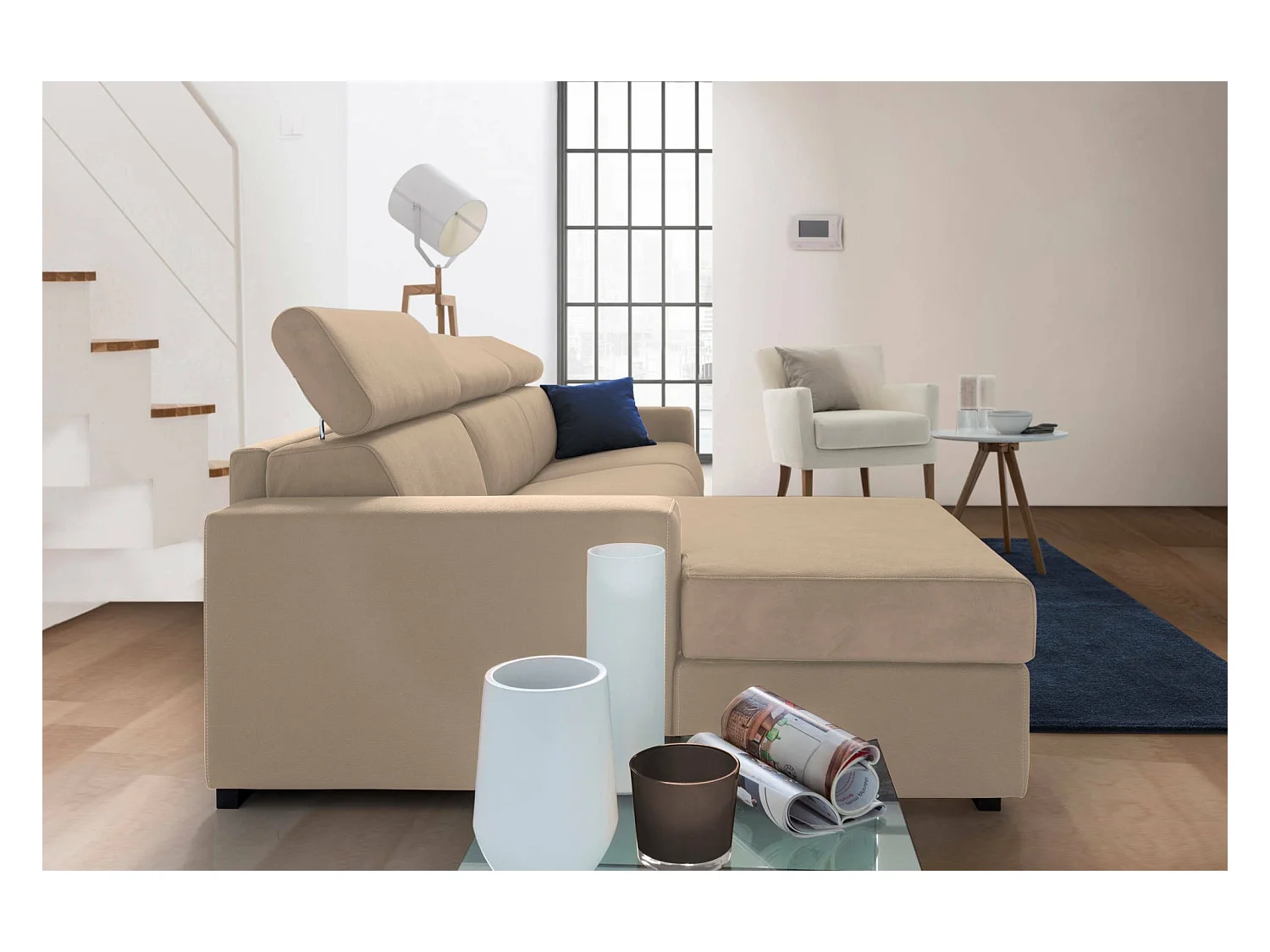 Canapé Daasho, Canapé d'angle, 100% Made in Italy, Canapé avec ouverture pivotante, avec Péninsule Conteneur Gauche, avec accoudoirs standards, Cm 280x95h85, Beige