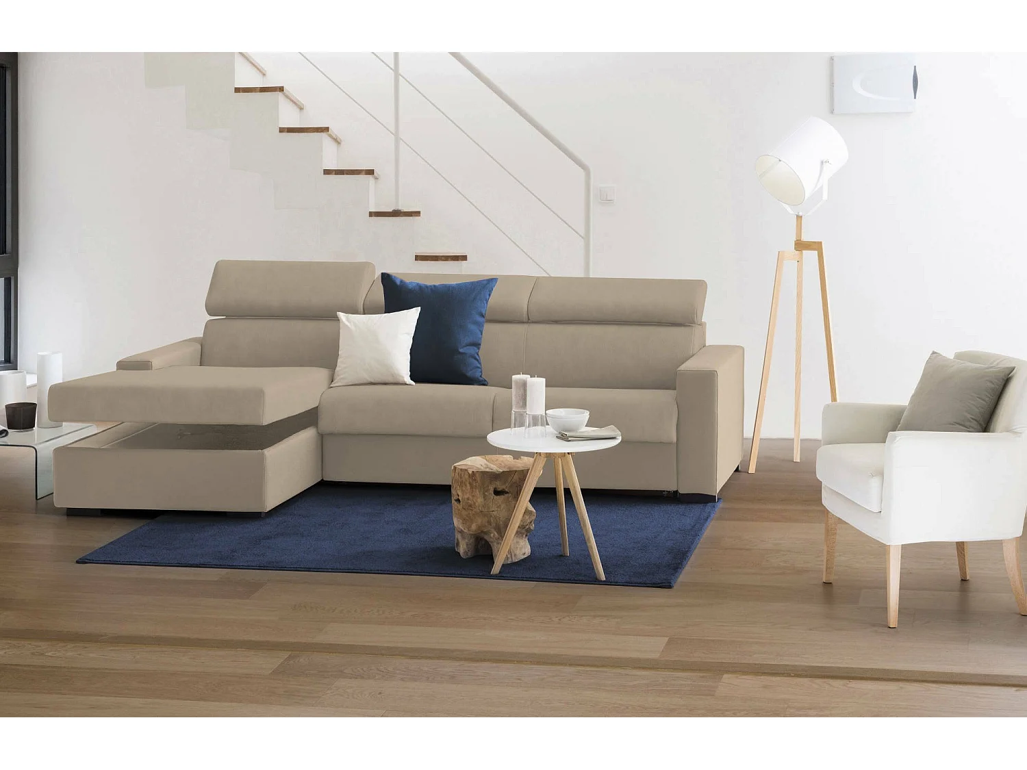 Sofá-cama Daasho, Sofá de canto, 100% Fabricado em Itália, Sofá com abertura giratória, com península de arrumação esquerda, com braços standard, 280x95h85 cm, Bege