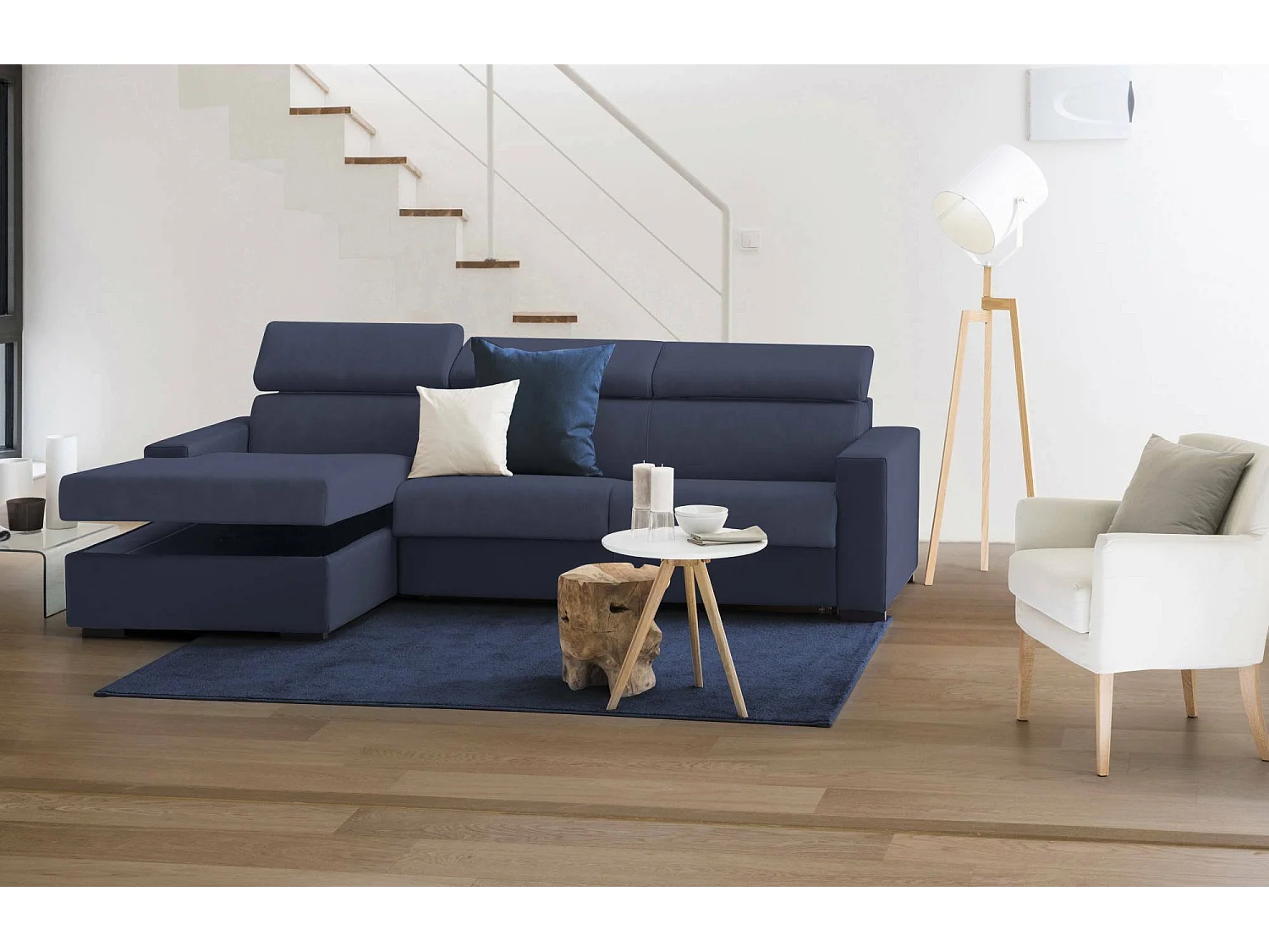 Canapé Daasho, Canapé d'angle, 100% Made in Italy, Canapé avec ouverture pivotante, avec Péninsule Conteneur Gauche, avec accoudoirs standards, Cm 280x95h85, Bleu