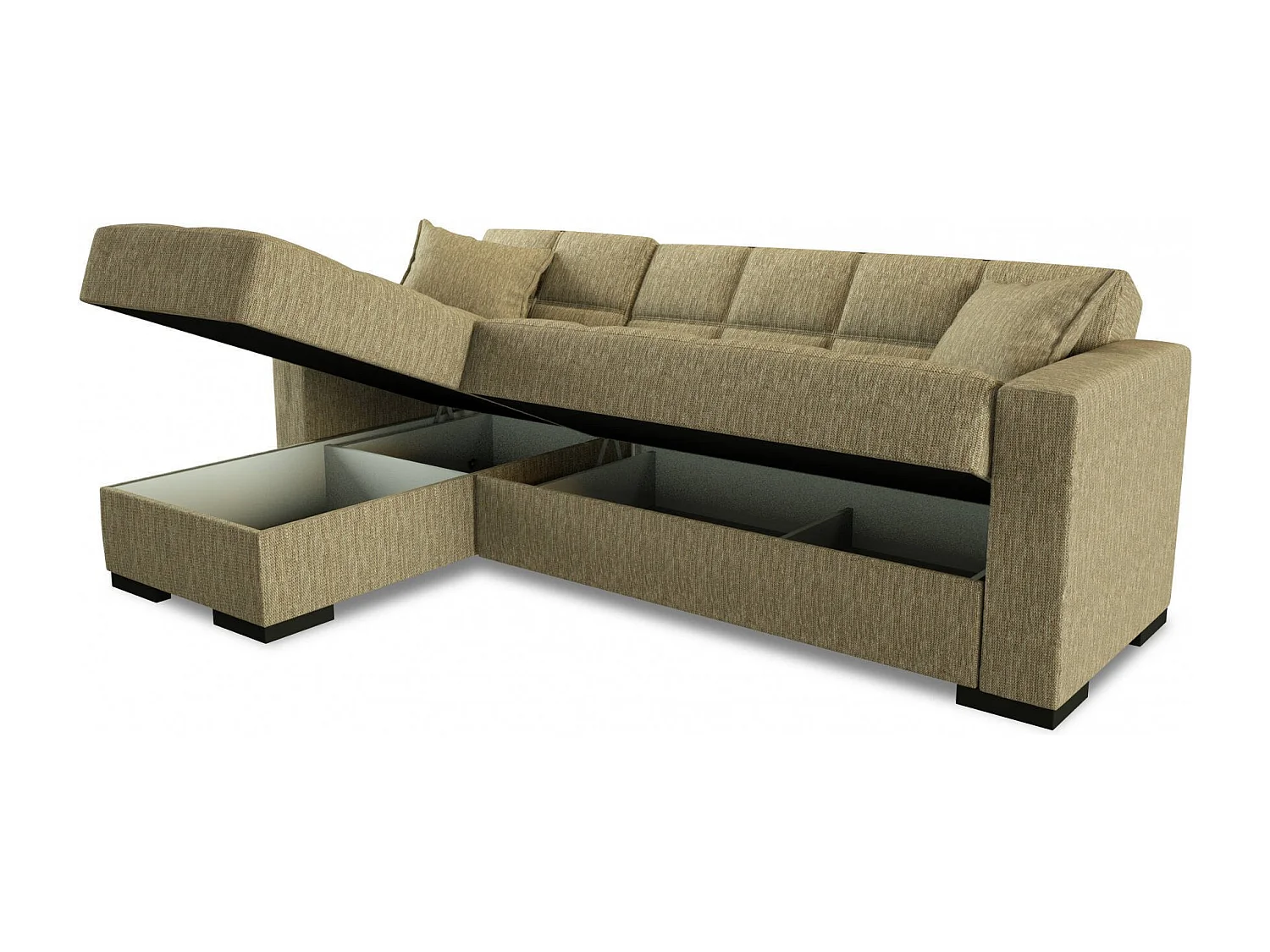 Sofá cama Ddajca, Sofá cama rincón con península reversible, Sofá contenedor para salón con chaiselongue y 2 cojines, 230x150h81 cm, Beige