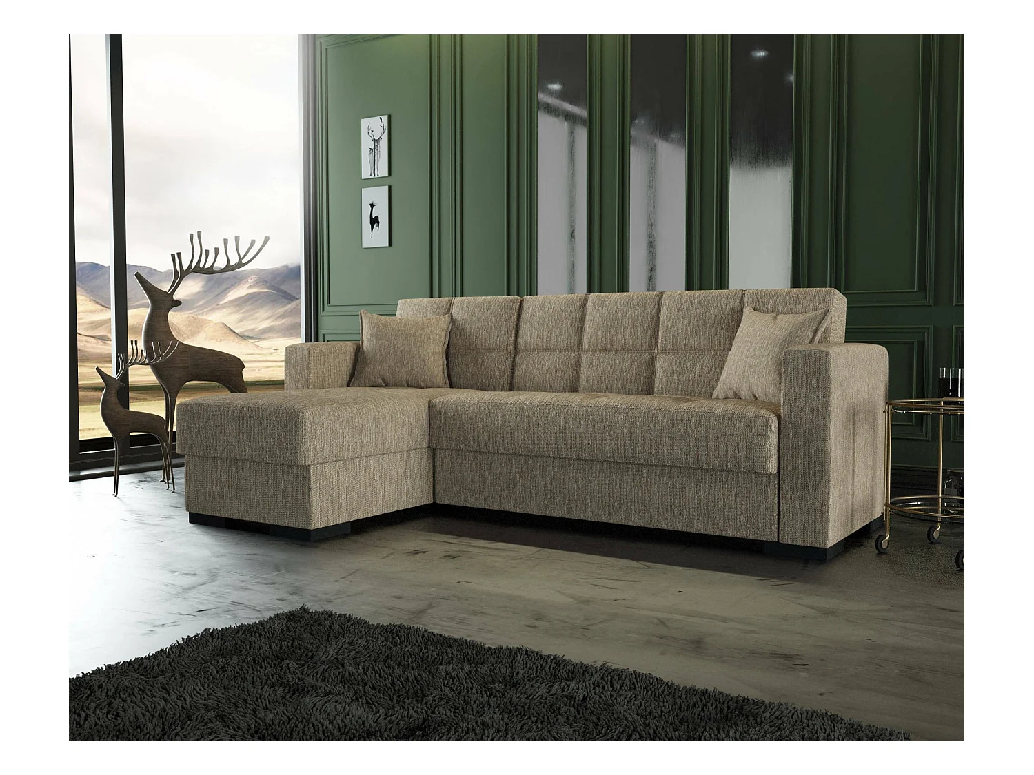 Canapé Ddajca, Canapé d'angle avec péninsule réversible, Canapé de rangement pour le salon avec chaiselongue et 2 coussins, 230x150h81 cm, Beige