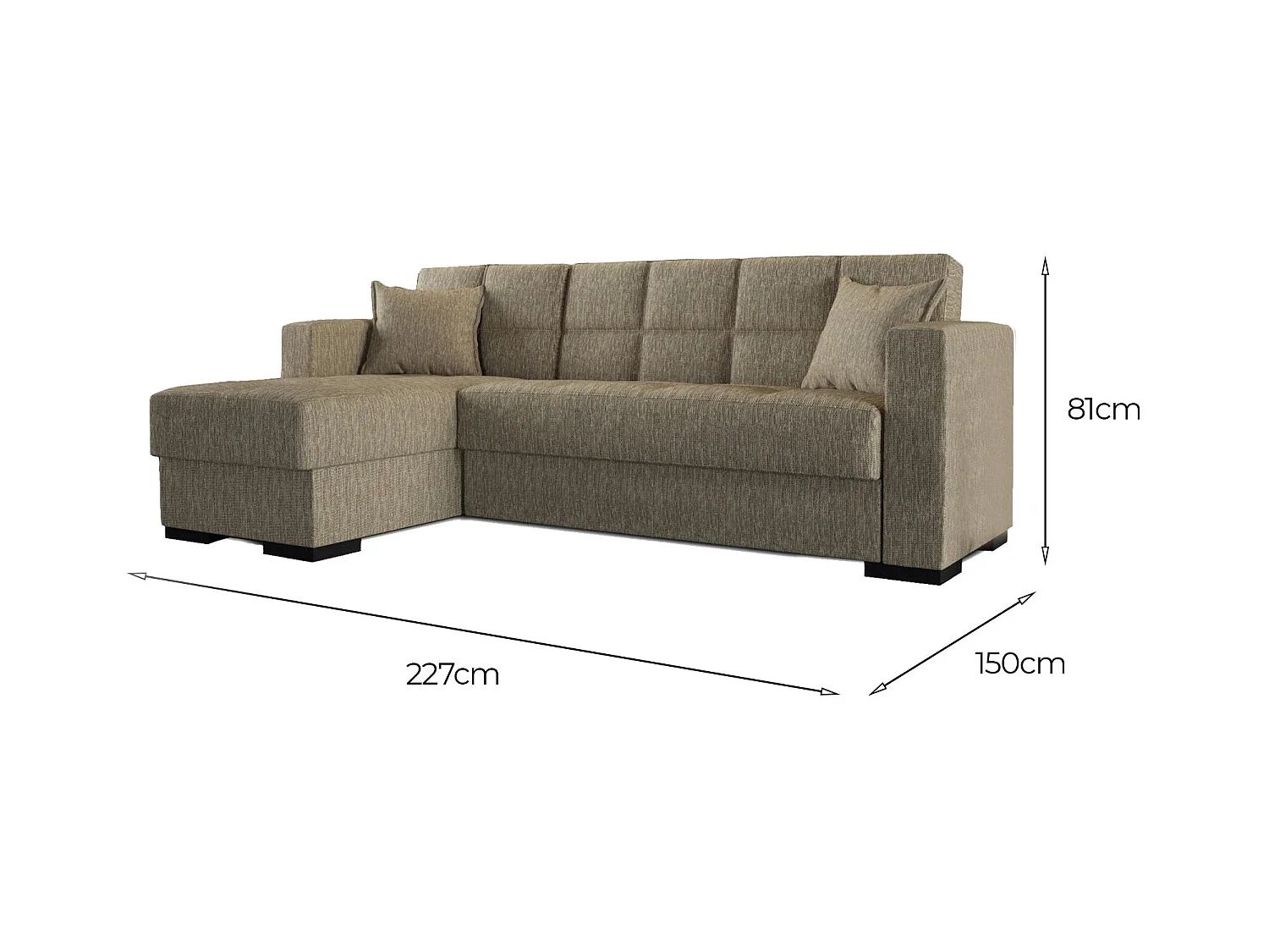 Canapé Ddajca, Canapé d'angle avec péninsule réversible, Canapé de rangement pour le salon avec chaiselongue et 2 coussins, 230x150h81 cm, Beige