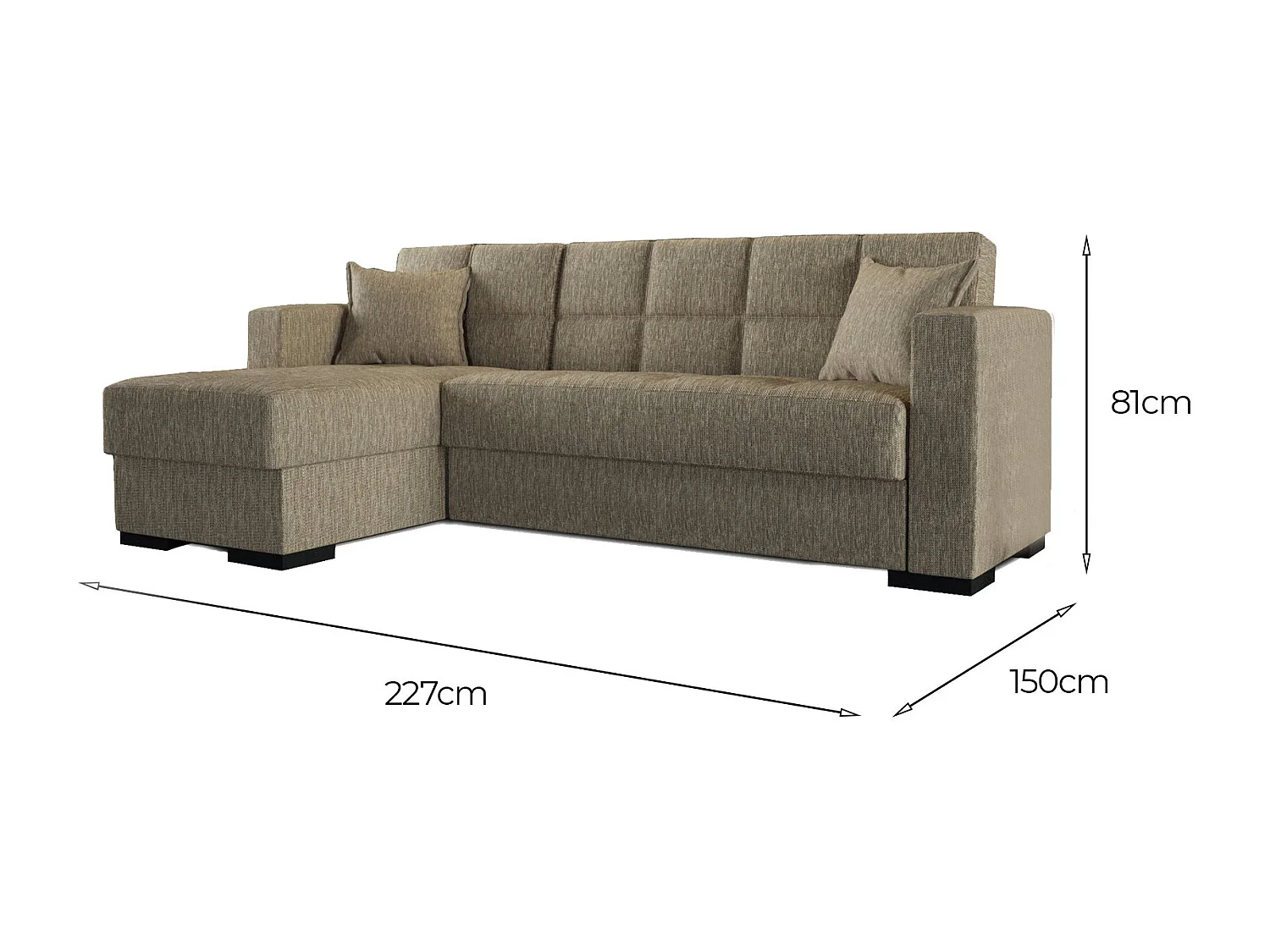 Ddajca slaapbank, Hoekslaapbank met omkeerbaar schiereiland, Woonkameropbergbank met chaislongue en 2 kussens, 230x150h81 cm, Beige