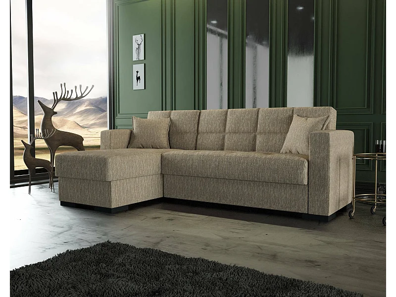 Canapé Ddajca, Canapé d'angle avec péninsule réversible, Canapé de rangement pour le salon avec chaiselongue et 2 coussins, 230x150h81 cm, Beige
