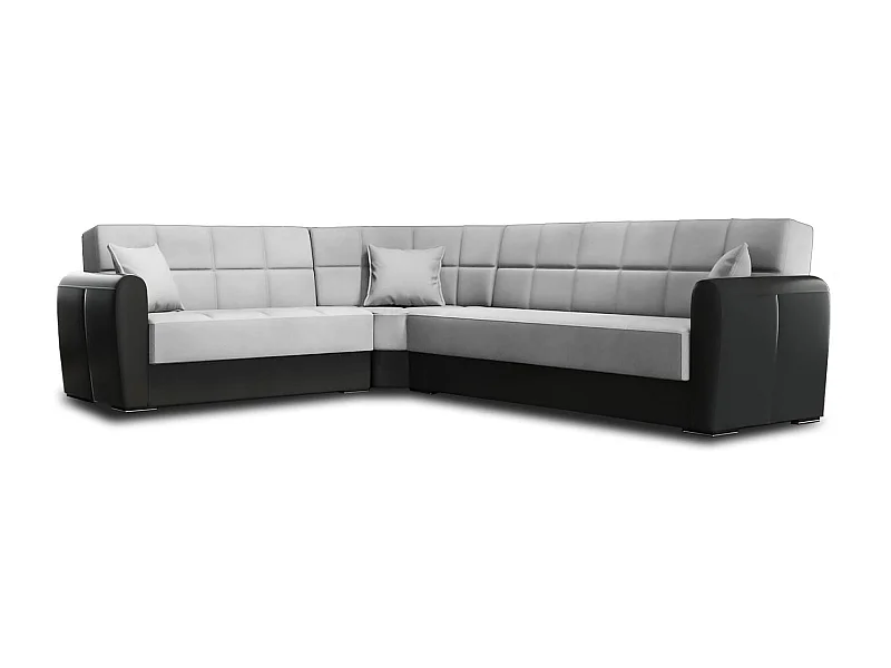 Canapé Dgytkjæ, Canapé d'angle conteneur en éco-cuir et tissu, Canapé de salon avec ouverture clic-clac et péninsule réversible, 305x238h91 cm, Noir et Gris Clair