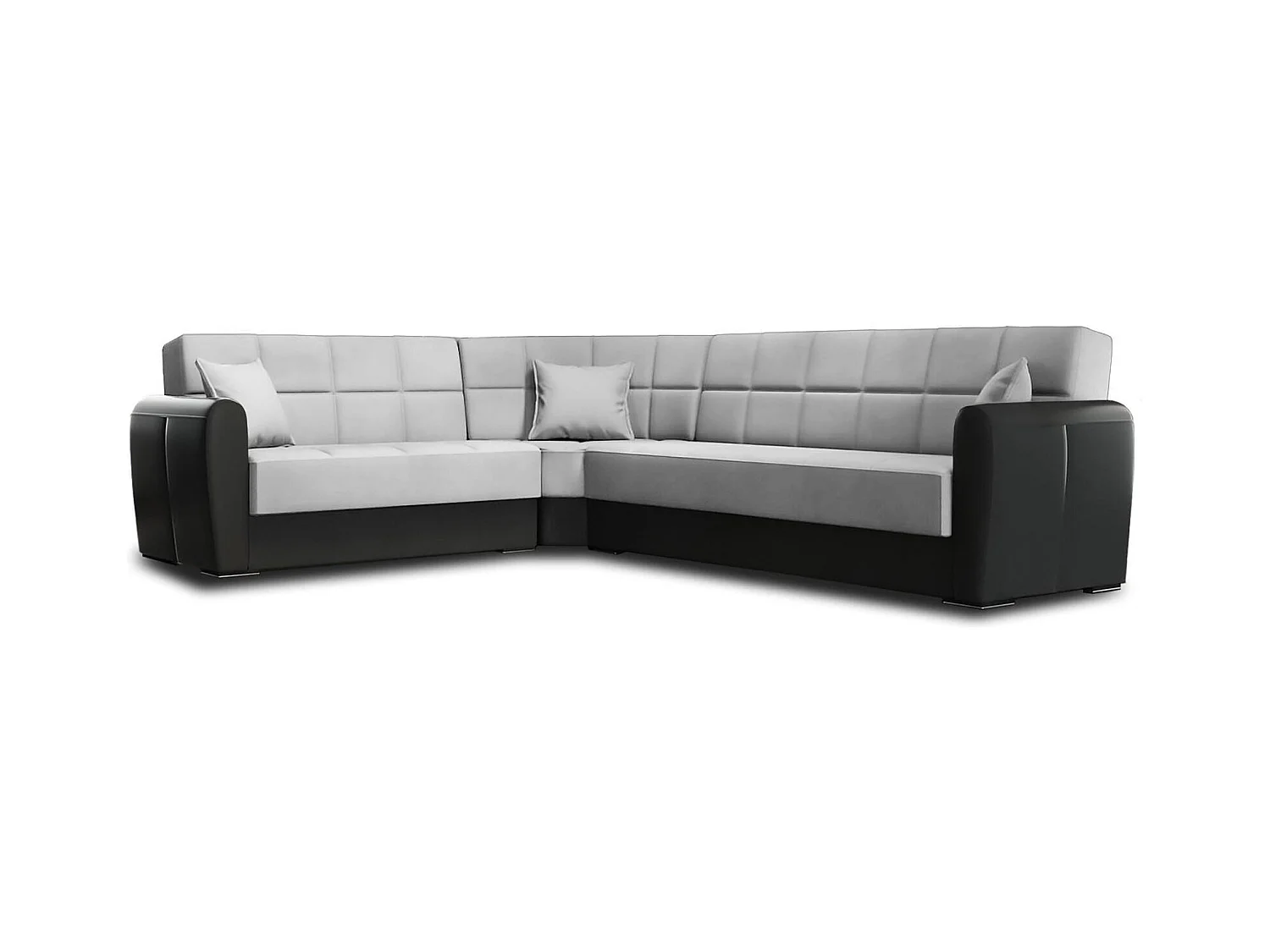 Canapé Dgytkjæ, Canapé d'angle conteneur en éco-cuir et tissu, Canapé de salon avec ouverture clic-clac et péninsule réversible, 305x238h91 cm, Noir et Gris Clair