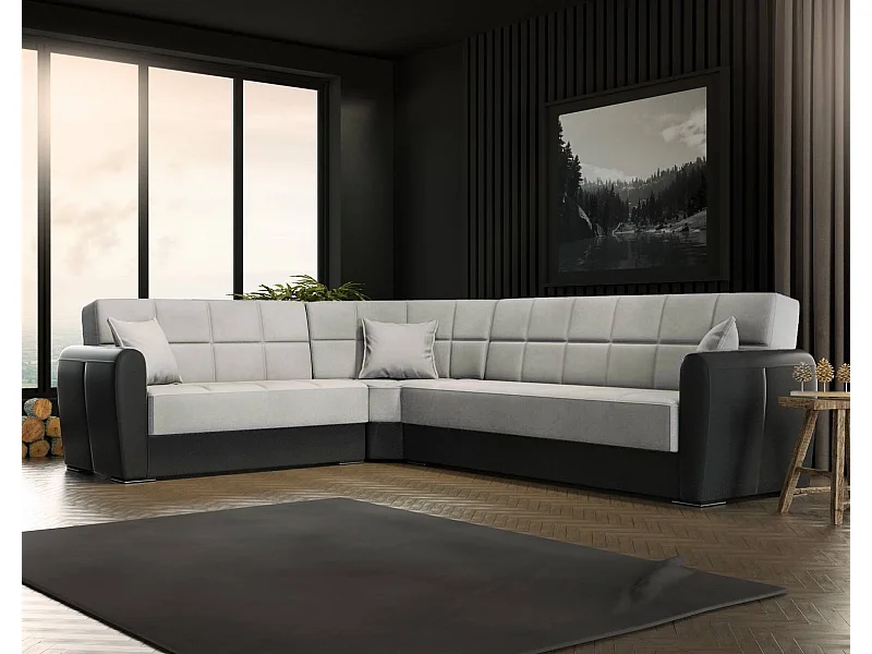 Dgytkjæ slaapbank, hoekslaapbank in eco-leer en stof, woonkamerbank met klik-klakopening en omkeerbaar schiereiland, 305x238h91 cm, zwart en lichtgrijs