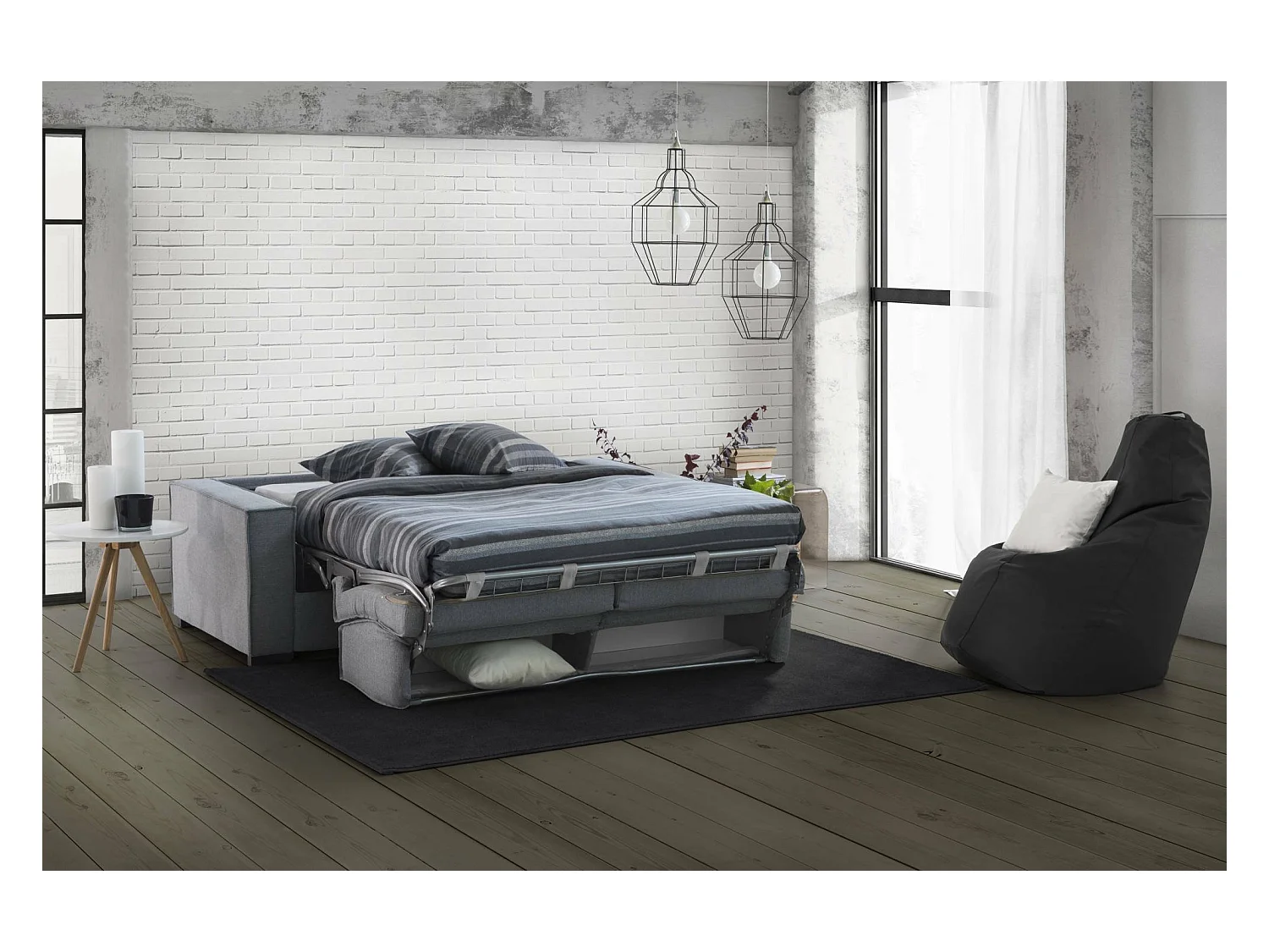 Canapé-lit Dmarull, canapé 2 places, 100% Made in Italy, Canapé de salon à ouverture pivotante, en tissu rembourré, avec accoudoirs fins, 160x95h90 cm, Gris