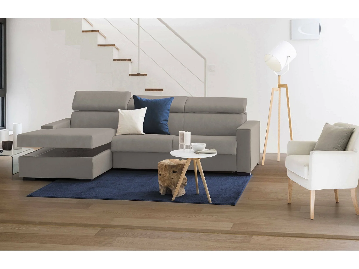 Canapé-lit Daatou, Canapé d'angle, 100% Made in Italy, Canapé à ouverture pivotante, avec péninsule de rangement gauche, avec accoudoirs fins, Cm 260x95h85, Taupe