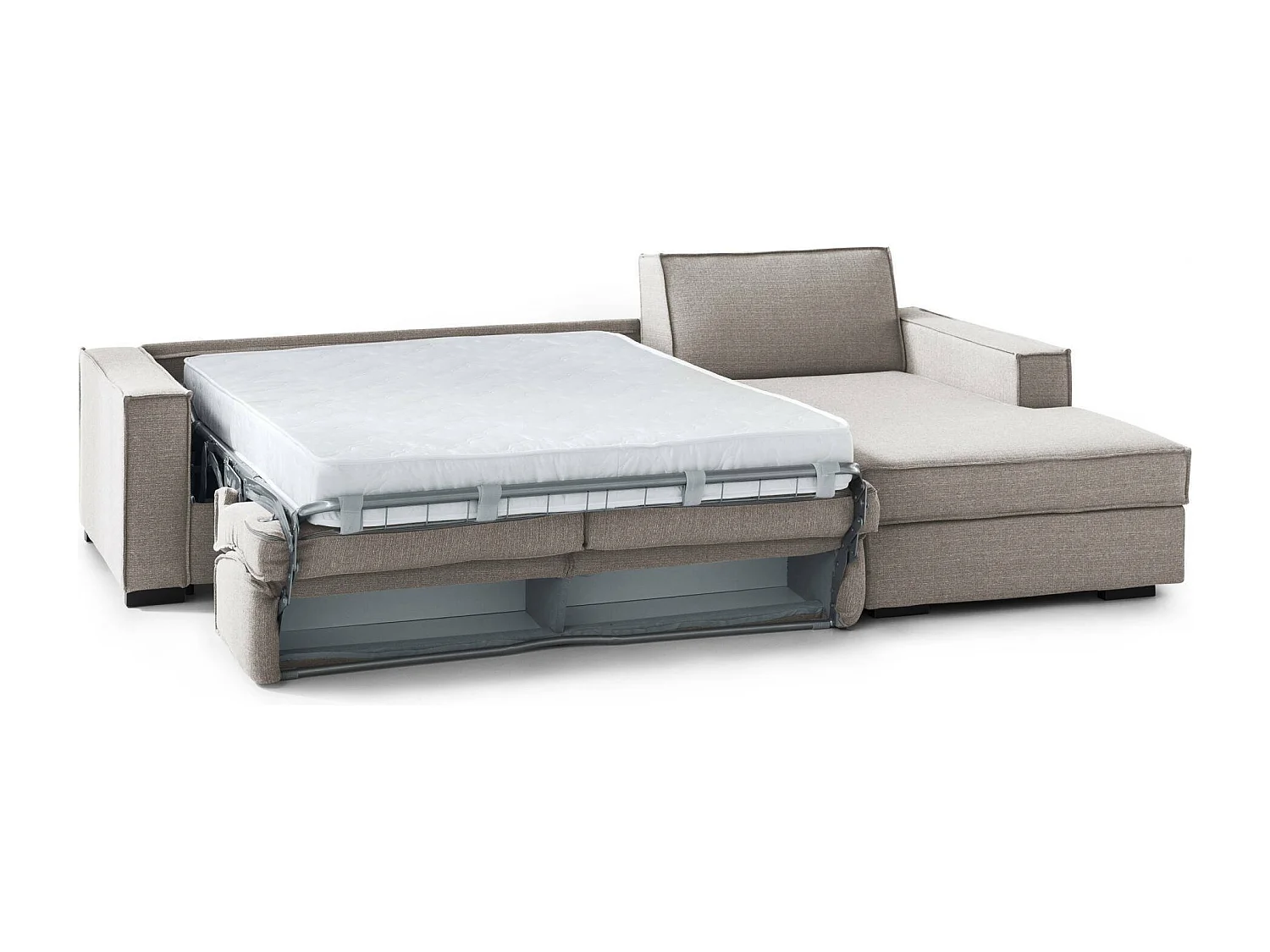 Daaki Slaapbank, Hoekbank, 100% Made in Italy, Bank met draaibare opening, Opbergschiereiland rechts, met slanke armleuningen, Cm 260x95h90, Taupe