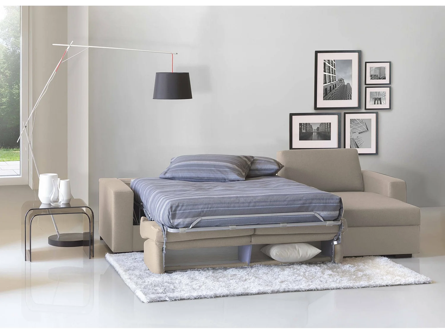 Dabakar slaapbank, hoekbank, 100% Made in Italy, bank met draaibare opening, met omkeerbaar opbergschiereiland, met standaard armleuningen, 280x95h90 cm, Taupe