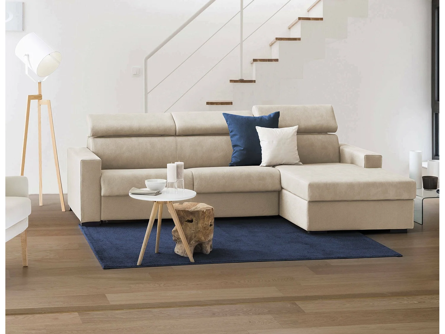 Dmora - Canapé fixe avec péninsule Ameno, 280x95xh85 cm, Beige, Bois, Panneau effet bois et Polyester