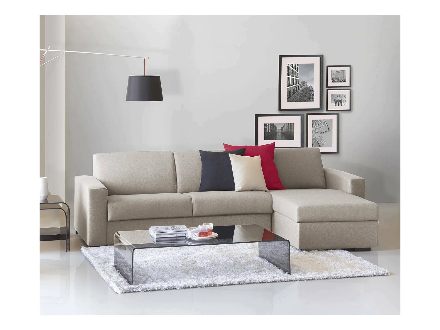 Divano fisso con penisola in tessuto tortora 280x95h90 cm