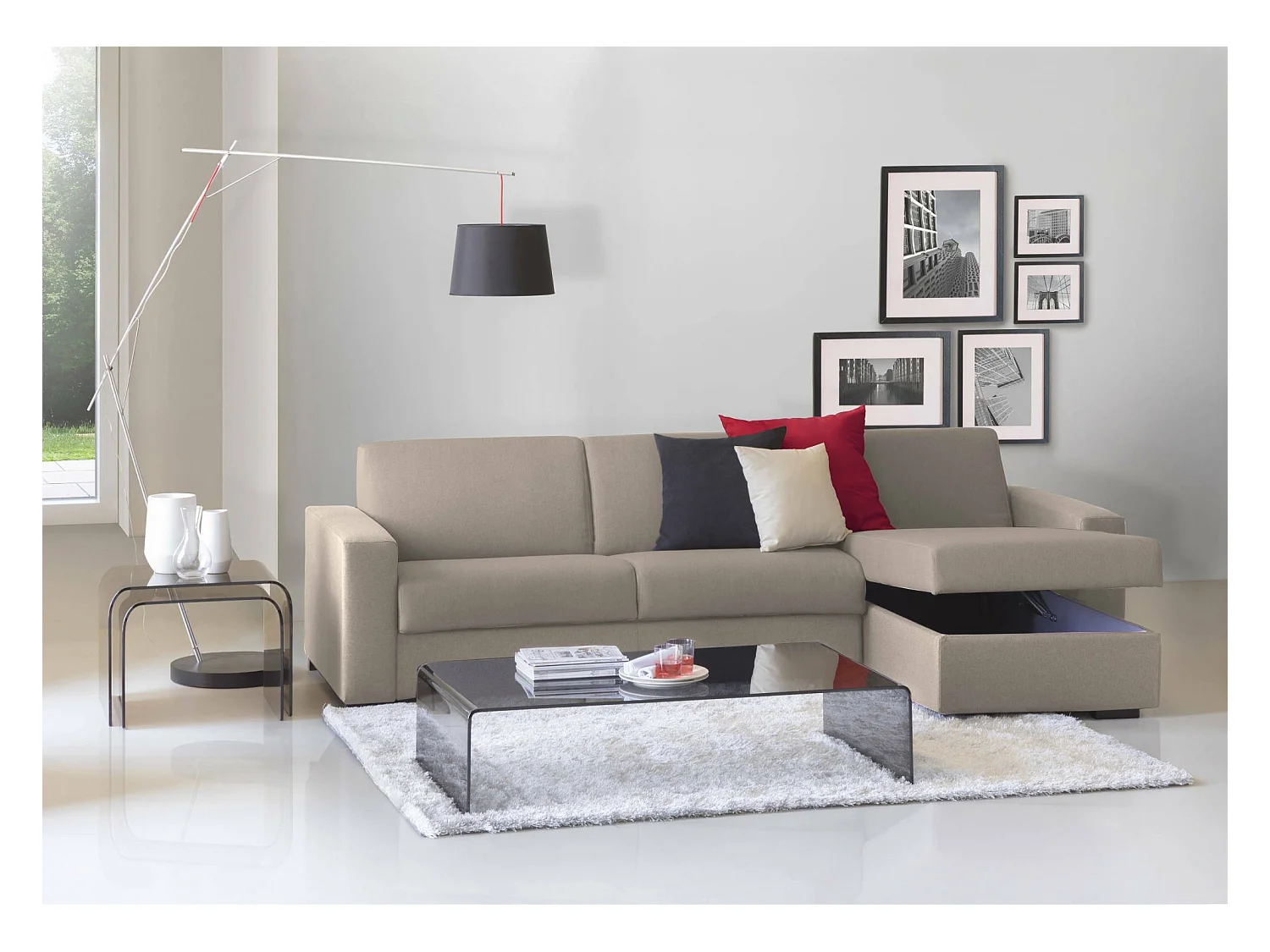 Divano fisso con penisola in tessuto tortora 280x95h90 cm