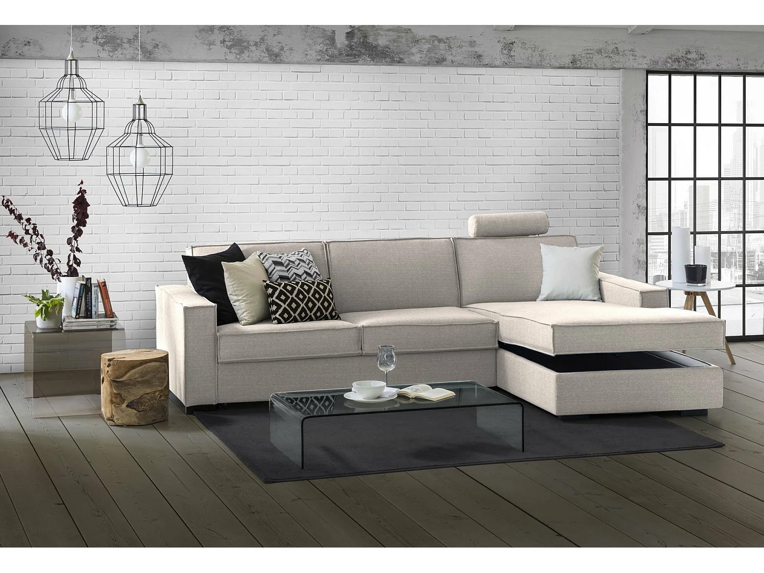 Sofá fixo Dgodea, Sofá de canto, 100% Fabricado na Itália, Sofá da sala com, Península direita, com braços finos, Cm 260x95h90, Taupe