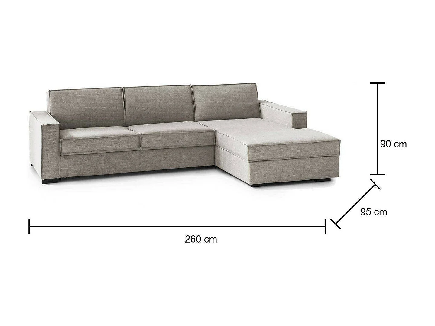 Sofá fijo Dgodea, Sofá de esquina, 100% Made in Italy, Sofá Salón con, Península contenedor derecha, con reposabrazos delgados, Cm 260x95h90, Tórtola