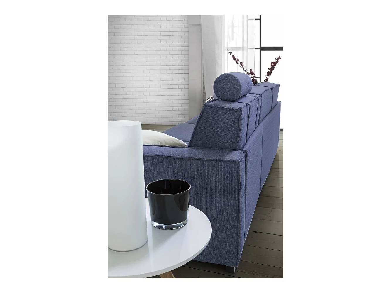 Canapé fixe Dgodea, Canapé d'angle, 100% Made in Italy, Canapé de salon avec péninsule conteneur droite, avec accoudoirs fins, 260x95h90 cm, Bleu