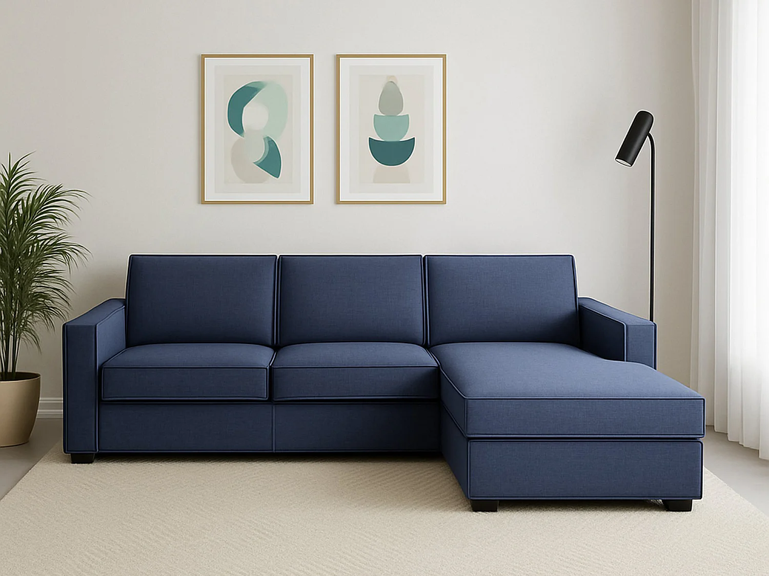 Canapé fixe Dgodea, Canapé d'angle, 100% Made in Italy, Canapé de salon avec péninsule conteneur droite, avec accoudoirs fins, 260x95h90 cm, Bleu
