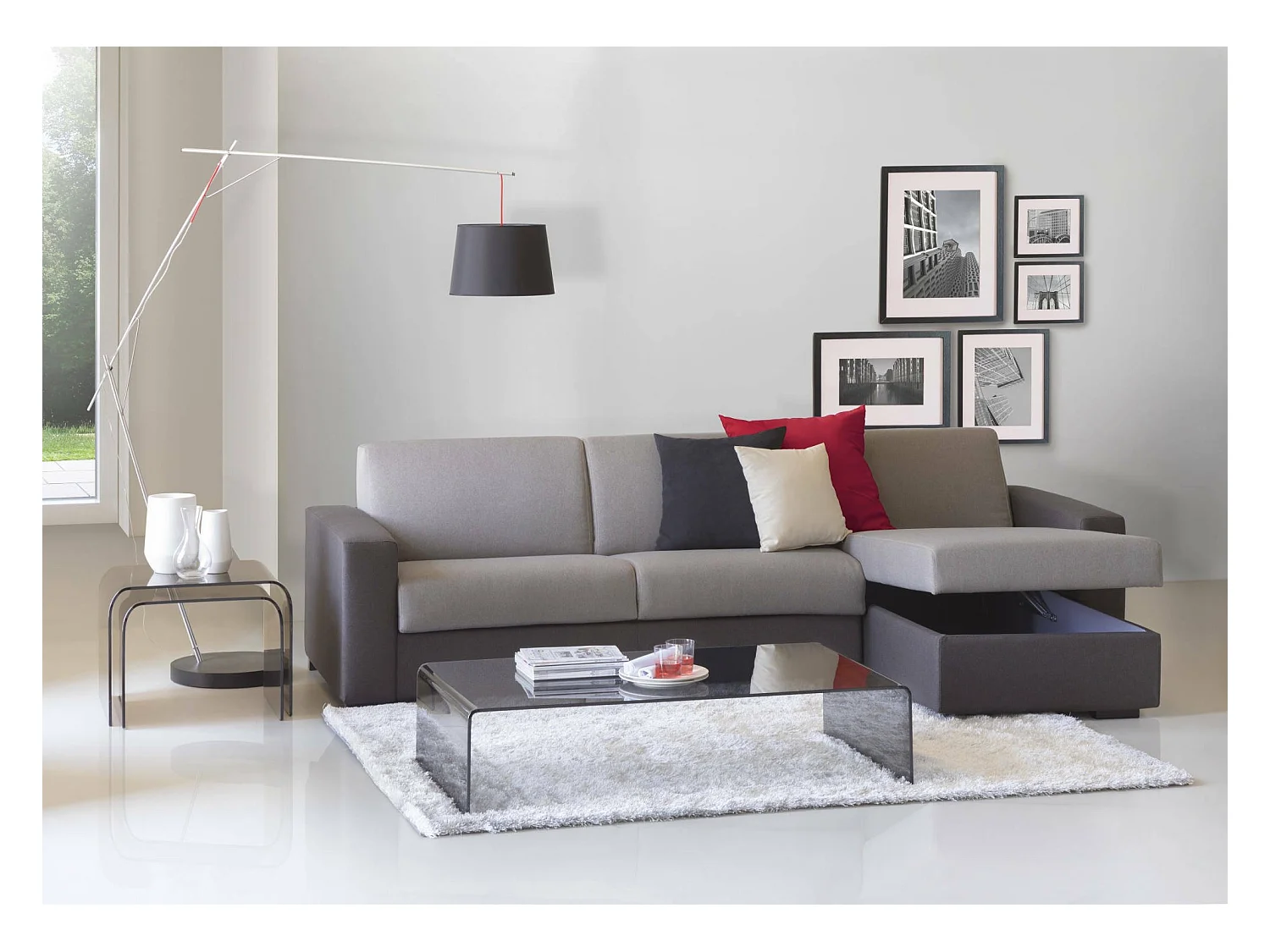 Divano fisso con penisola in tessuto grigio, antracite 280x95h90 cm