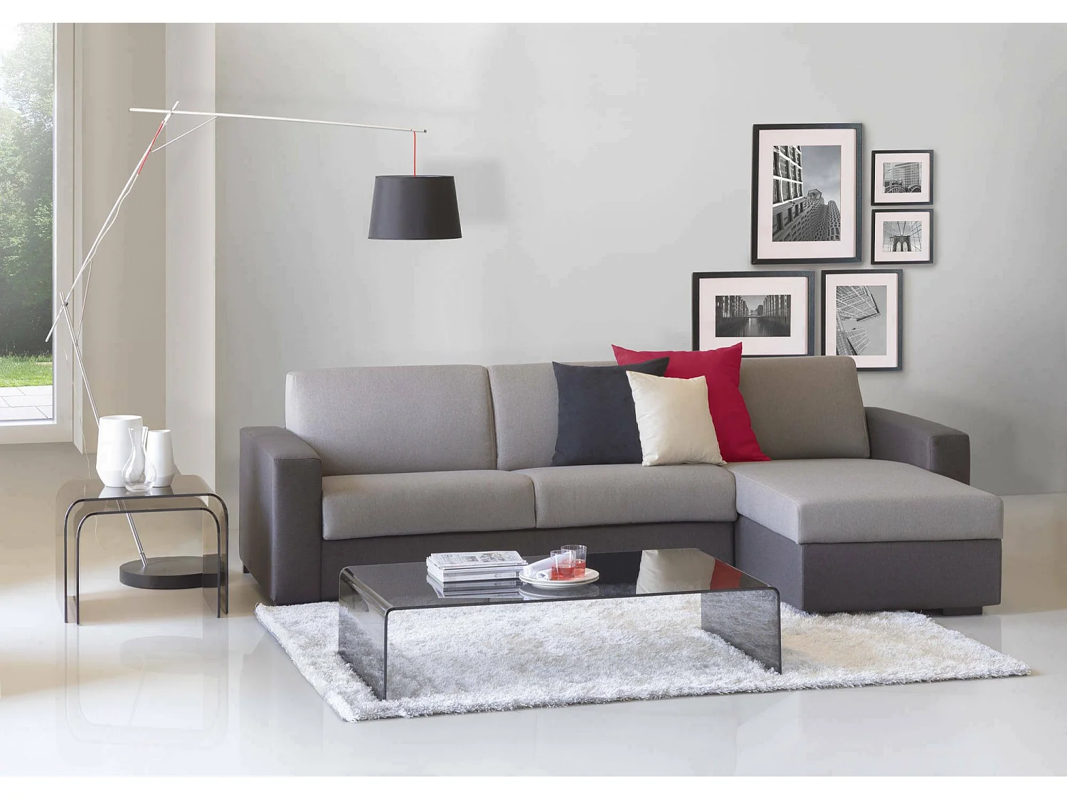 Divano Fisso con Penisola Atos, Sfoderabile Made in Italy, 95x280 cm Grigio