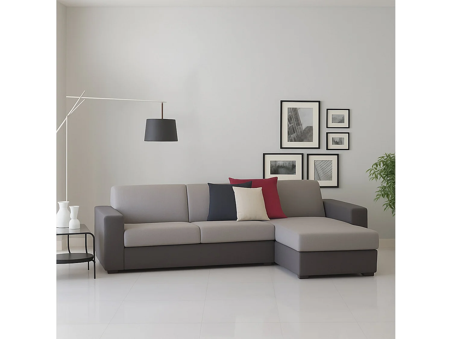 Divano fisso con penisola in tessuto grigio, antracite 280x95h90 cm