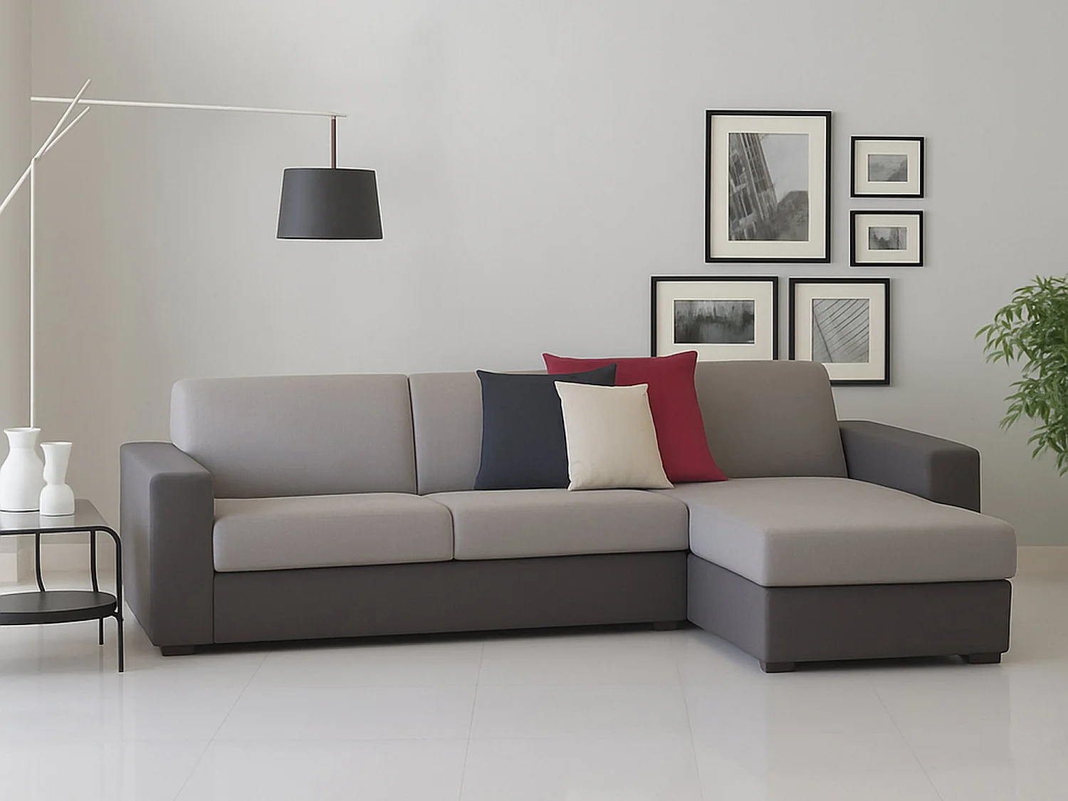 Divano fisso con penisola in tessuto grigio, antracite 280x95h90 cm