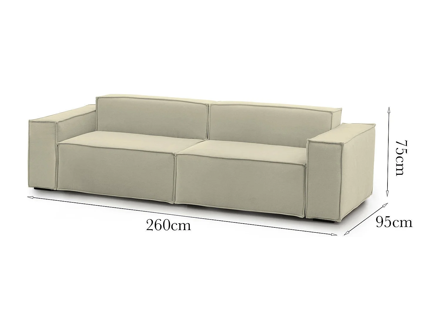 Dmelucc vaste bank, 3-zits lineaire modulaire bank, 100% Made in Italy, Moderne woonkamerbank in stof, 260x95h70 cm, Beige