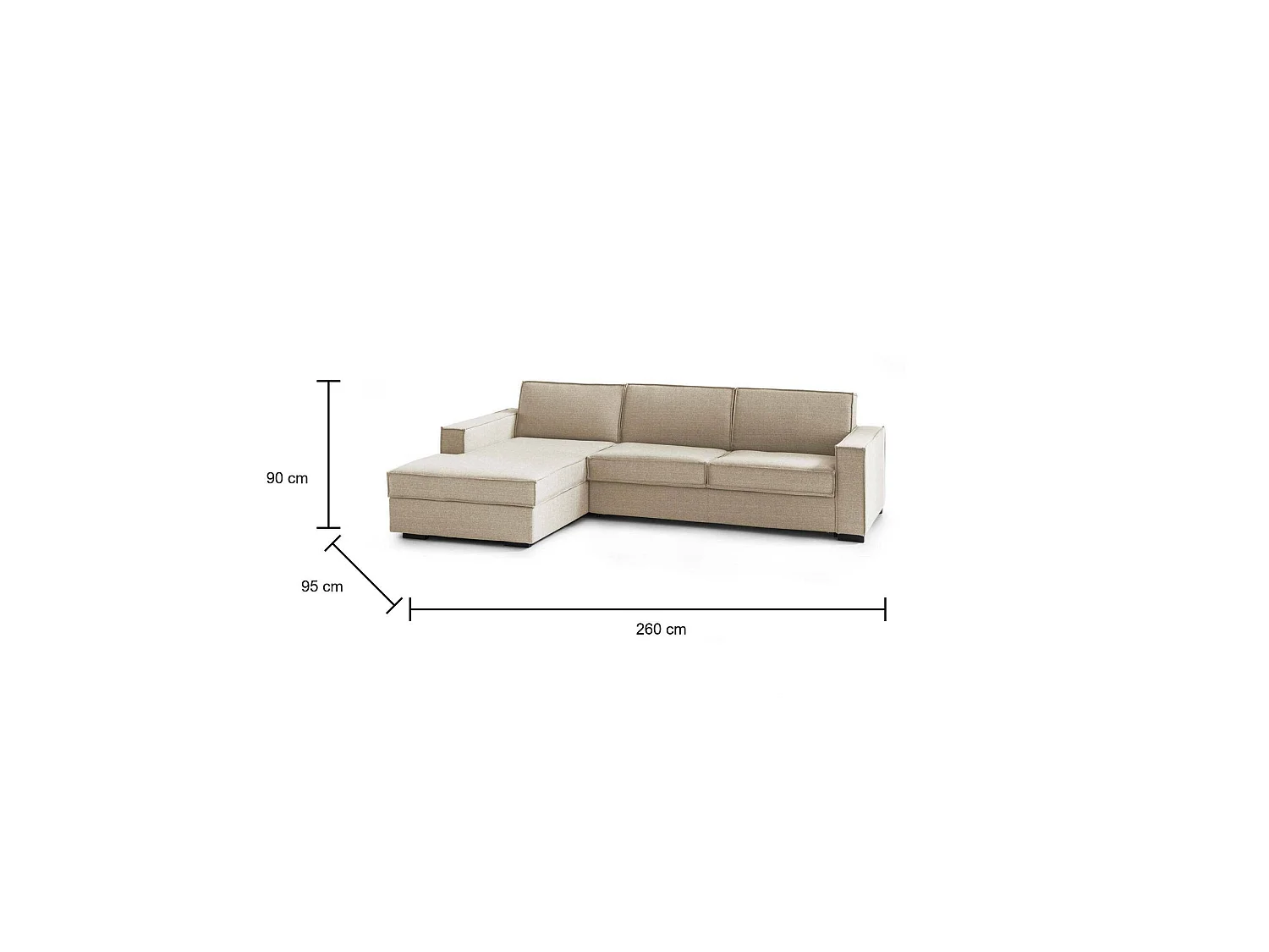 Canapé fixe Dlovis, Canapé d'angle, 100% Made in Italy, Canapé de salon avec, Péninsule conteneur gauche, avec accoudoirs fins, Cm 260x95h90, Beige