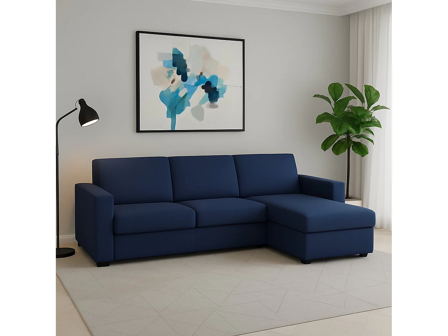 Divano Fisso con Penisola Atos, Sfoderabile Made in Italy, 95x280 cm blu