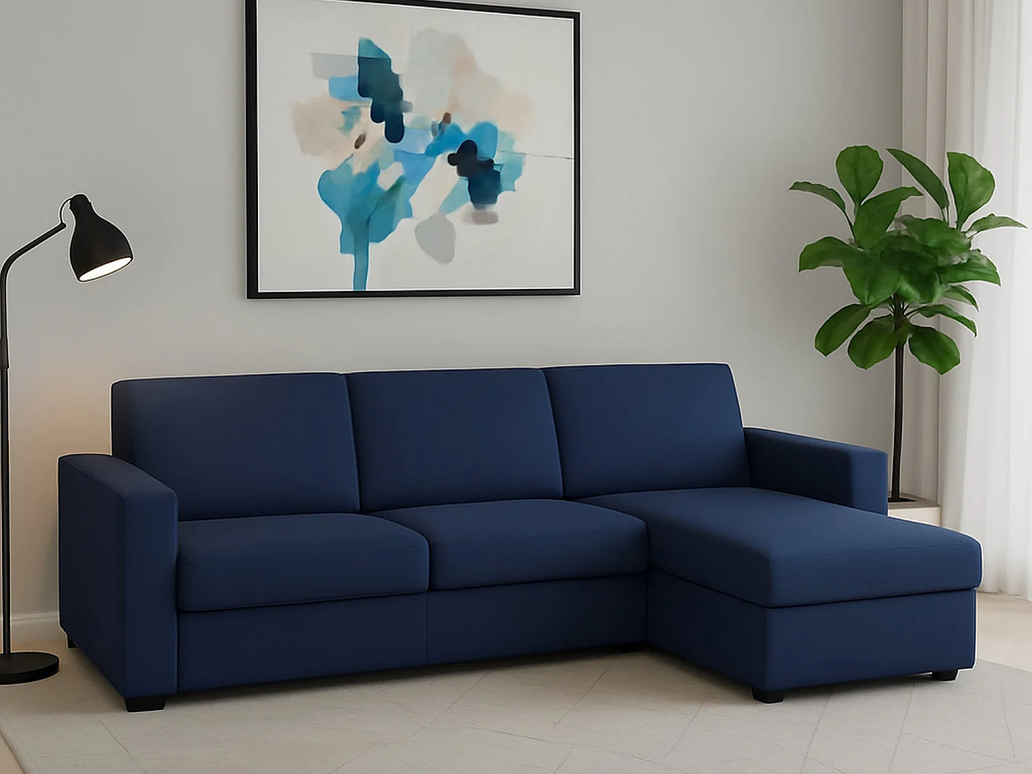Divano Fisso con Penisola Atos, Sfoderabile Made in Italy, 95x280 cm blu
