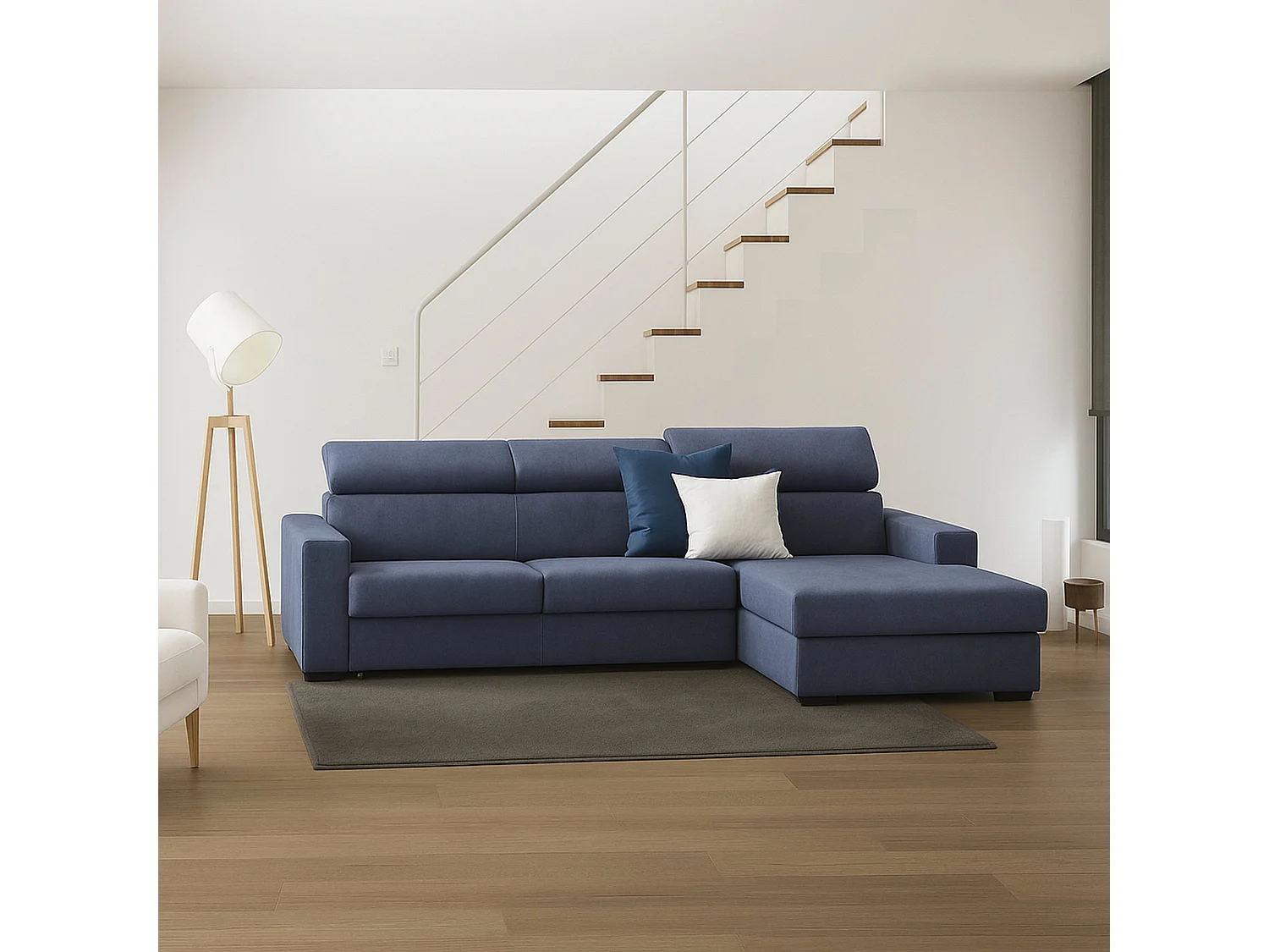 Divano fisso con penisola in tessuto blu 280x95h85 cm